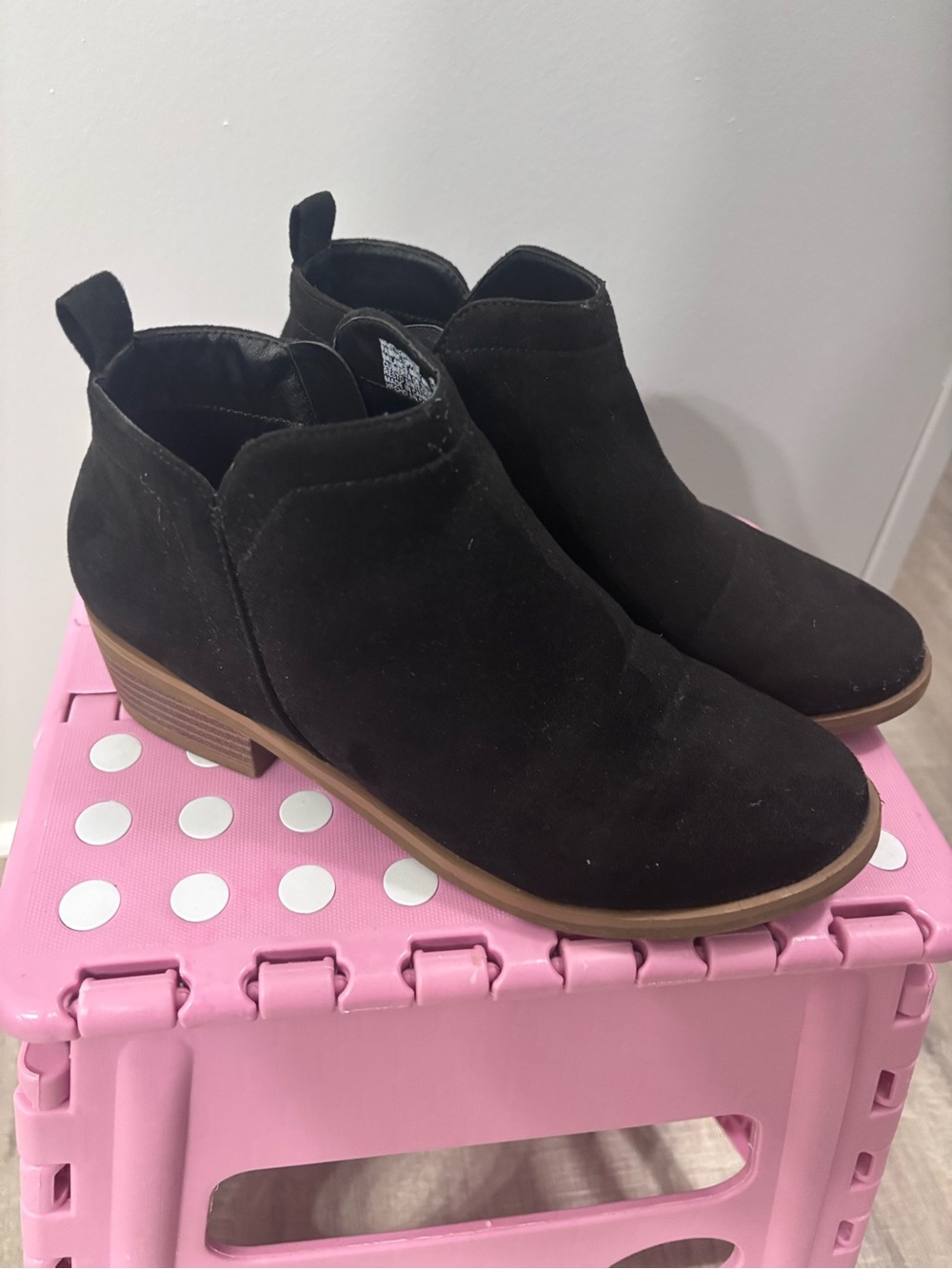 Time and Tru Black Suede Ankle Booties with Low Wood Heel